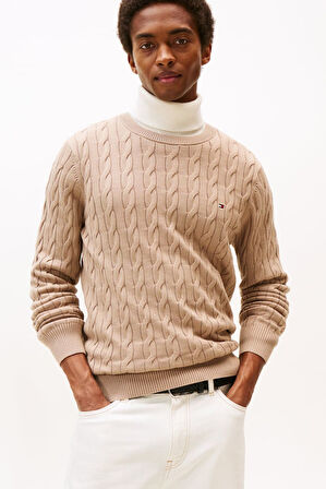 Erkek Bisiklet Yaka Saç Örgüsü Pamuklu Triko Kazak - Bej | XL