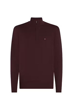 Erkek Yarım Fermuarlı Pamuklu Triko Kazak - Bordo | S