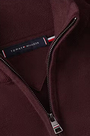 Erkek Yarım Fermuarlı Pamuklu Triko Kazak - Bordo | S