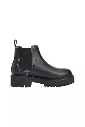 Kadın Deri Kontrast Dikişli Chelsea Bot - Siyah | 39