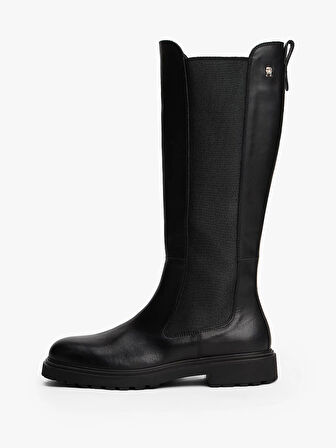 Tommy Hilfiger TH Deri Tırtıklı Tabanlı Uzun Kadın Siyah Bot FW0FW08985BDS