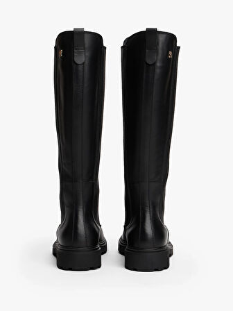 Tommy Hilfiger TH Deri Tırtıklı Tabanlı Uzun Kadın Siyah Bot FW0FW08985BDS