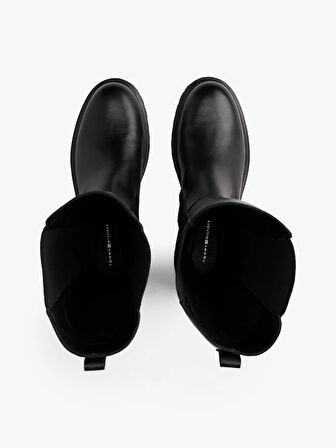 Tommy Hilfiger TH Deri Tırtıklı Tabanlı Uzun Kadın Siyah Bot FW0FW08985BDS