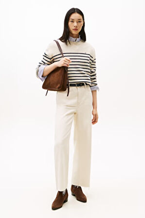 Kadın Soft Wool Relaxed Fit Düşük Omuz Çizgili Kazak - Bej/Lacivert | S