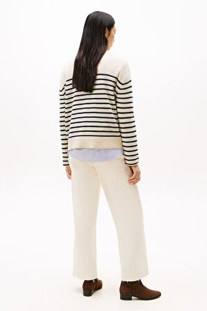 Kadın Soft Wool Relaxed Fit Düşük Omuz Çizgili Kazak - Bej/Lacivert | S