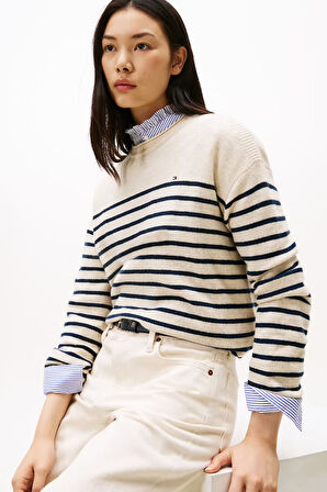 Kadın Soft Wool Relaxed Fit Düşük Omuz Çizgili Kazak - Bej/Lacivert | S