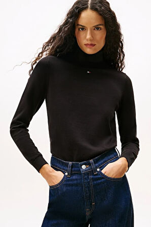 Kadın Essential Slim Fit Balıkçı Yaka Kazak - Siyah | XS