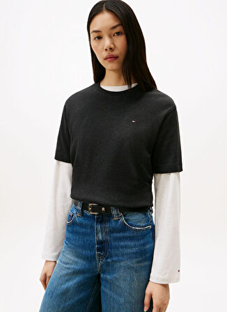 Tommy Hilfiger Yuvarlak Yaka Düz Gri Kadın T-Shirt WW0WW47458P4E