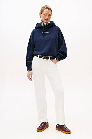 Kadın Rahat Kalıp Düşük Omuzlu Kapüşonlu Sweatshirt - Lacivert | S