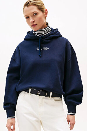 Kadın Rahat Kalıp Düşük Omuzlu Kapüşonlu Sweatshirt - Lacivert | L