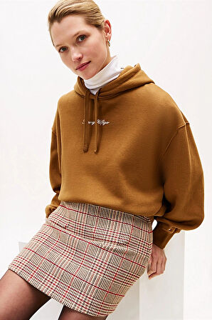 Kadın Rahat Kalıp Düşük Omuzlu Kapüşonlu Sweatshirt - Tarçın | XS