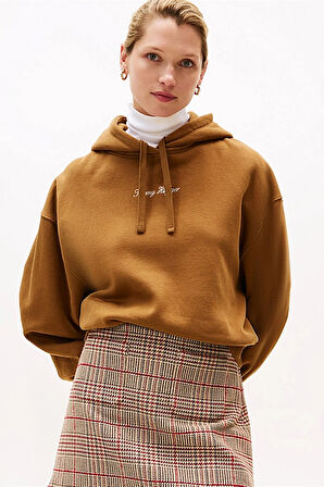 Kadın Rahat Kalıp Düşük Omuzlu Kapüşonlu Sweatshirt - Tarçın | M