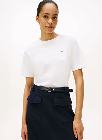 Tommy Hilfiger Yuvarlak Yaka Düz Beyaz Kadın T-Shirt WW0WW47458YBL