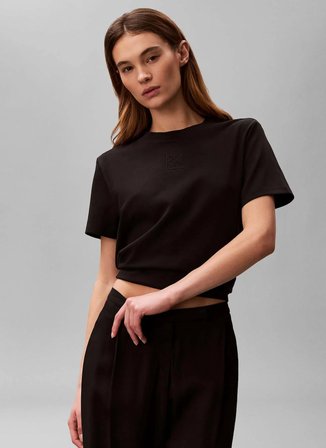 Calvin Klein Yuvarlak Yaka Desenli Siyah Kadın T-Shirt SS LUX CTN INTERLOCK EMBLEM MOCK