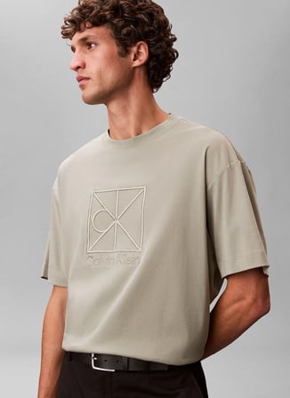 Calvin Klein Bej Erkek Logo Baskılı T-Shirt LV04LE200GPEZ_SS RLXD PREMIUM INTER