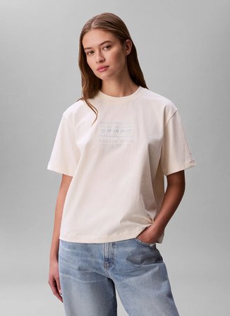Calvin Klein Jeans Krem Kadın Baskılı T-Shirt SS SEASONAL GRAPHIC BOXY TEE