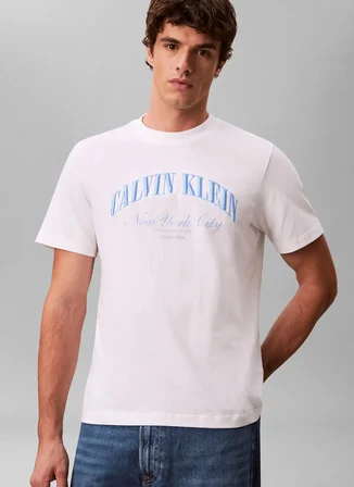 Calvin Klein Jeans Beyaz Erkek Standart Fit Baskılı T-Shirt LV04RF820GYAF Beyaz T-Shirt
