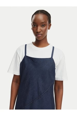 Kadın İnce Askı Denim Düz Kumaş Uzun Boy Regular Fit Lacivert Elbise
