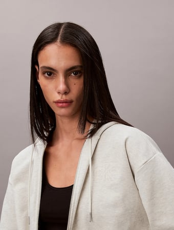 Calvin Klein Uzun Kollu Kabartma Monologo Havlu Kumaş Tam Fermuarlı Kapüşonlu Kadın Gri Sweatshirt LV047F205G-P4P