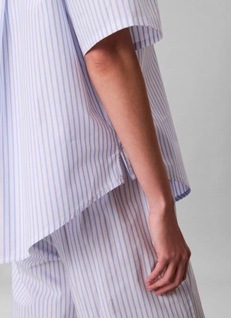 Calvin Klein Mavi Kadın Standart Fit Çizgili Pijama Üst RELAXED POPLIN SS SHIRT