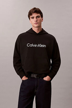 Erkek Rahat Kesim Kapüşonlu Logo Baskılı Sweatshirt - Siyah | XS