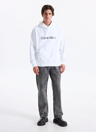 Calvin Klein Bisiklet Yaka Beyaz Erkek Sweatshırt LV14LD229GYAF_LS STANDARD LOGO PREM