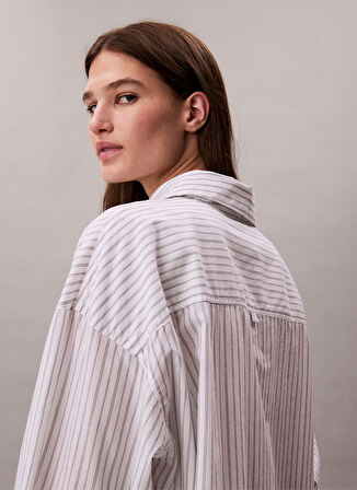 Calvin Klein Gömlek Yaka Çizgili Beyaz Pijama Üst COTTON POPLIN SHIRT REGULAR