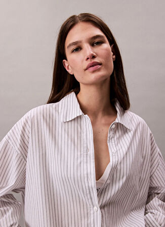 Calvin Klein Gömlek Yaka Çizgili Beyaz Pijama Üst COTTON POPLIN SHIRT REGULAR