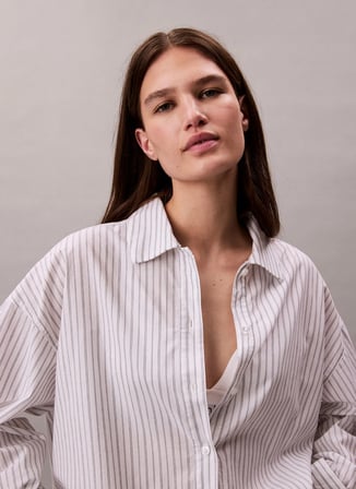 Calvin Klein Gömlek Yaka Çizgili Beyaz Pijama Üst COTTON POPLIN SHIRT REGULAR
