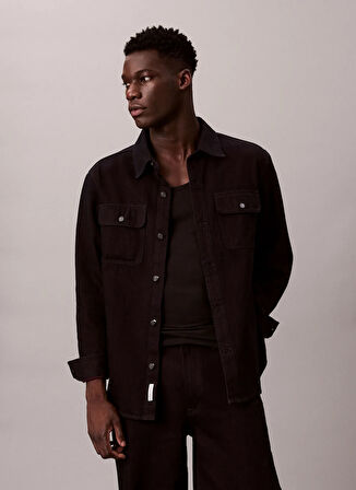 Calvin Klein Jeans Regular Fit Siyah Düz Erkek Gömlek LV04RD744G01D 90S MERLOT OVERSHIRT