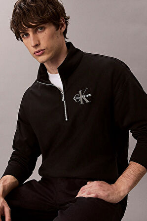 Erkek Rahat Kalıp Yarım Fermuarlı Yüksek Yaka Sweatshirt - Siyah | XS