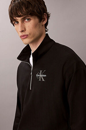 Erkek Rahat Kalıp Yarım Fermuarlı Yüksek Yaka Sweatshirt - Siyah | XS