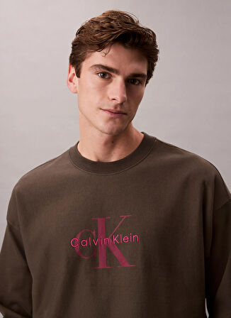 Calvin Klein Jeans Bisiklet Yaka Haki Erkek Sweatshırt LV04RD234GPAR LS PREMIUM TERRY MONO