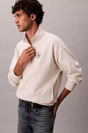 Erkek Rahat Kalıp Yarım Fermuarlı Yüksek Yaka Sweatshirt - Krem | XS
