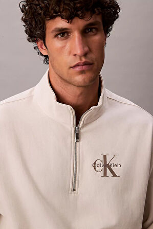 Erkek Rahat Kalıp Yarım Fermuarlı Yüksek Yaka Sweatshirt - Krem | XS