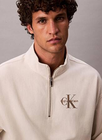 Calvin Klein Jeans Fermuarlı Yaka Krem Erkek Sweatshırt LV04RD236G67U LS PREMIUM TERRY MICR