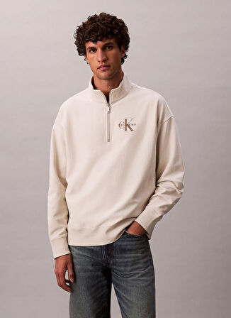 Calvin Klein Jeans Fermuarlı Yaka Krem Erkek Sweatshırt LV04RD236G67U LS PREMIUM TERRY MICR