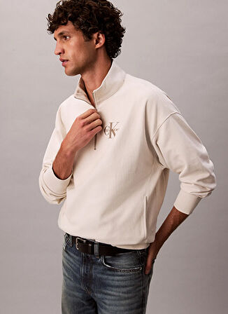 Calvin Klein Jeans Fermuarlı Yaka Krem Erkek Sweatshırt LV04RD236G67U LS PREMIUM TERRY MICR