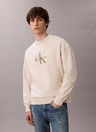 Calvin Klein Jeans Bisiklet Yaka Krem Erkek Sweatshırt LV04RD234G67U LS PREMIUM TERRY MONO