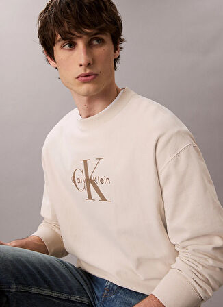 Calvin Klein Jeans Bisiklet Yaka Krem Erkek Sweatshırt LV04RD234G67U LS PREMIUM TERRY MONO