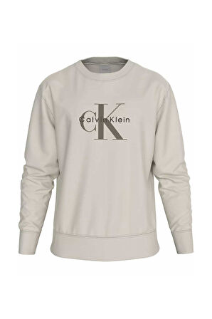 Erkek Bisiklet Yaka Monogram Logolu Pamuklu Sweatshirt - Krem | XS