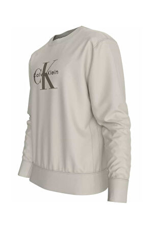 Erkek Bisiklet Yaka Monogram Logolu Pamuklu Sweatshirt - Krem | XS