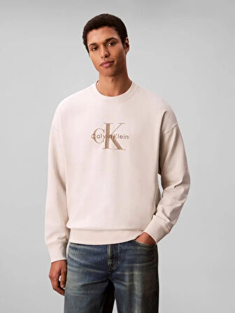 Calvin Klein Uzun Kollu 350gr Penye Monologolu Bisiklet Yaka Erkek Beyaz Sweatshirt LV04RD242G-67U