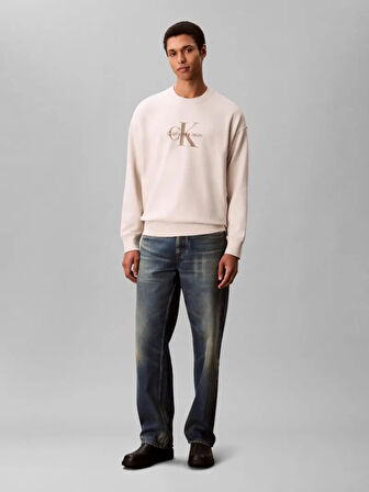 Calvin Klein Uzun Kollu 350gr Penye Monologolu Bisiklet Yaka Erkek Beyaz Sweatshirt LV04RD242G-67U
