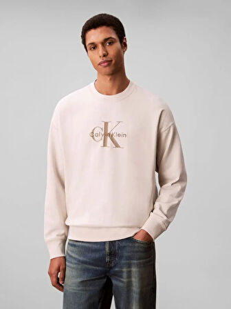 Calvin Klein Jeans Uzun Kollu 350gr Penye Monologolu Bisiklet Yaka Erkek Beyaz Sweatshirt LV04RD242G-67U