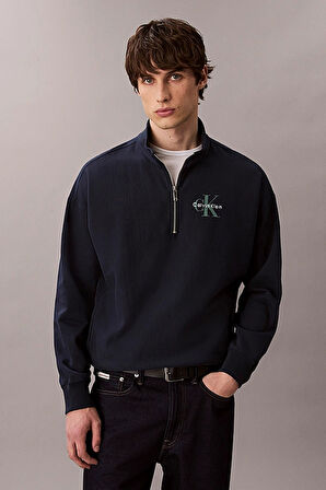 Erkek Rahat Kalıp Yarım Fermuarlı Yüksek Yaka Sweatshirt - Lacivert | XS