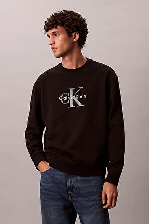 Erkek Bisiklet Yaka Monogram Logolu Pamuklu Sweatshirt - Siyah | XS