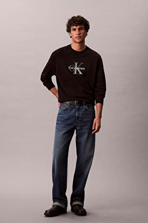 Erkek Bisiklet Yaka Monogram Logolu Pamuklu Sweatshirt - Siyah | XS