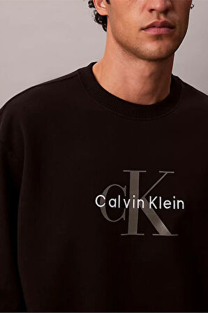 Erkek Bisiklet Yaka Monogram Logolu Pamuklu Sweatshirt - Siyah | XS