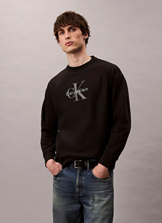 Calvin Klein Jeans Bisiklet Yaka Siyah Erkek Sweatshırt LV04RD234GUB1 LS PREMIUM TERRY MONO